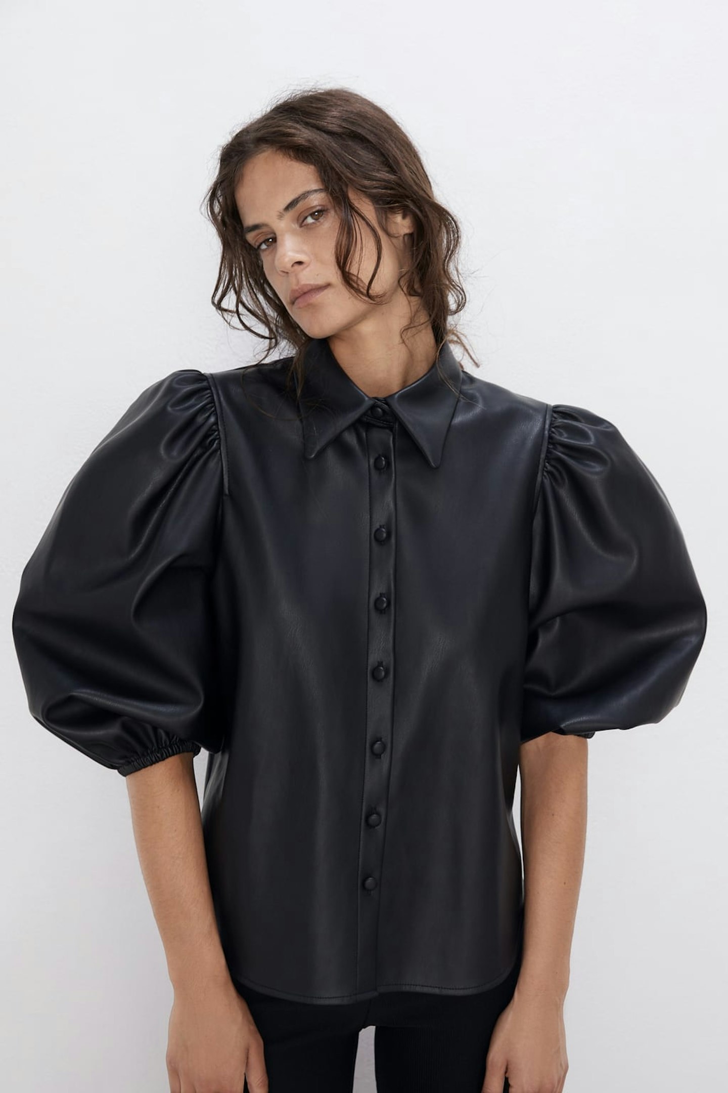 Zara, Puff Sleeve Faux Leather Shirt, £29.99