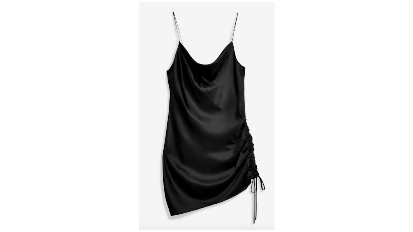 Black Ruched Mini Satin Slip Dress