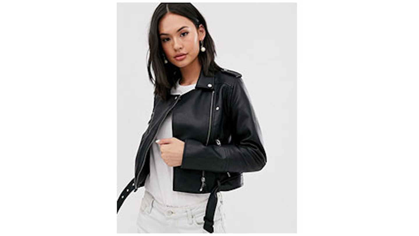 Pull&Bear faux leather biker jacket in black