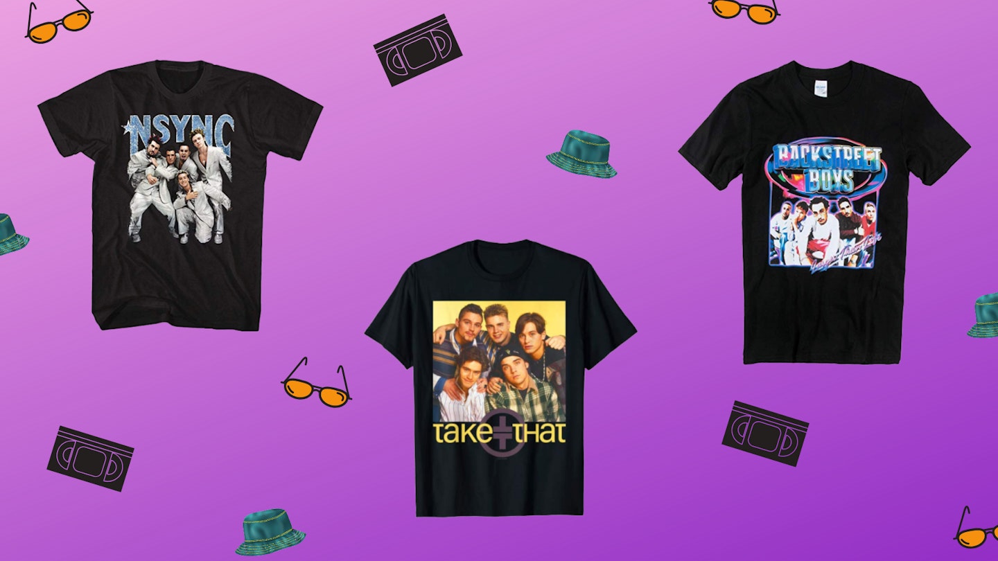 90s boyband t-shirts on purple background