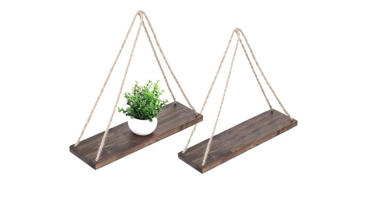 MyGift 43-cm Distressed Wood Wall Hanging Swing Rope Floating Shelves, Pack of 2, £10.49