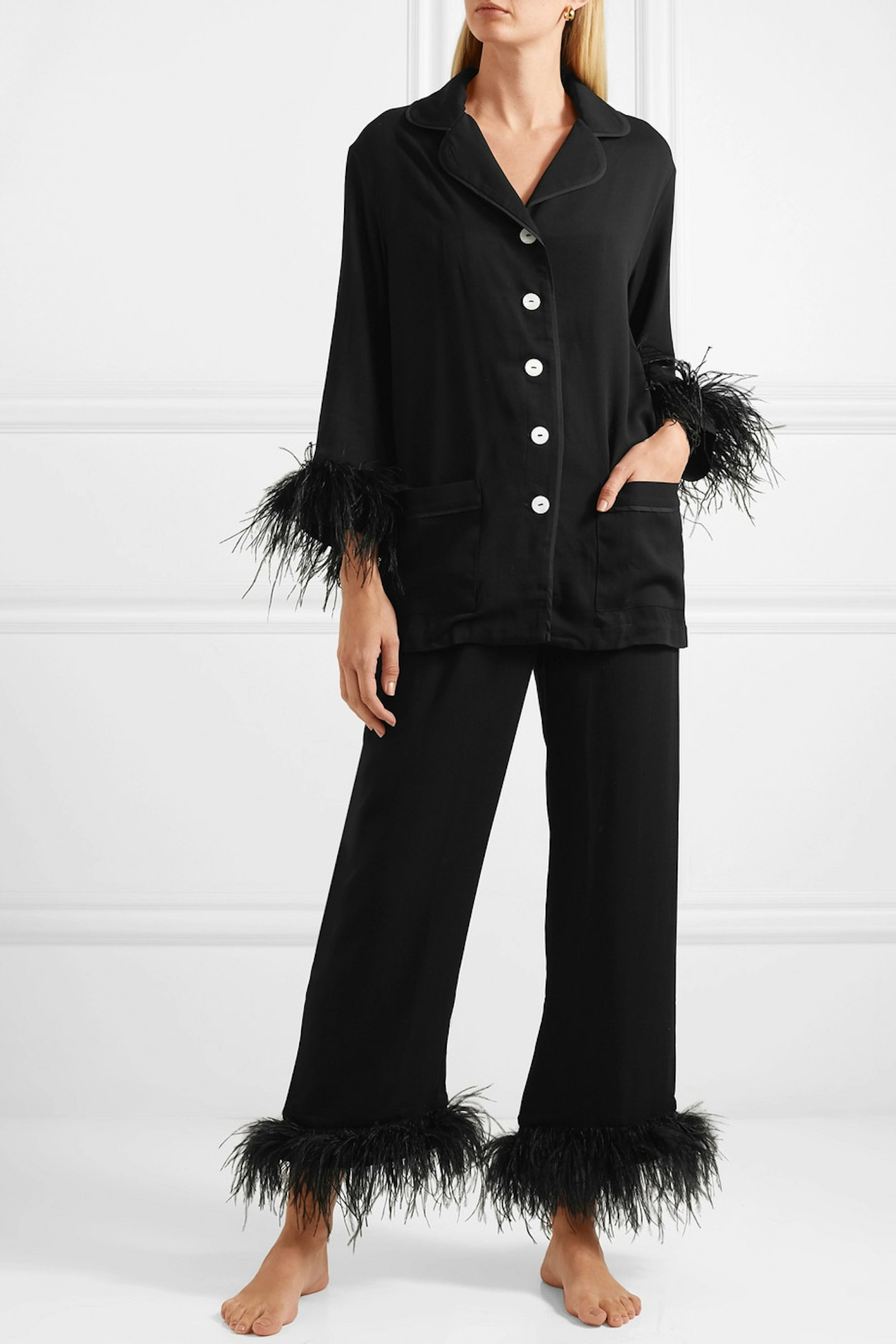 Sleeper, Black Tie feather-trimmed crepe de chine pajama set, £245