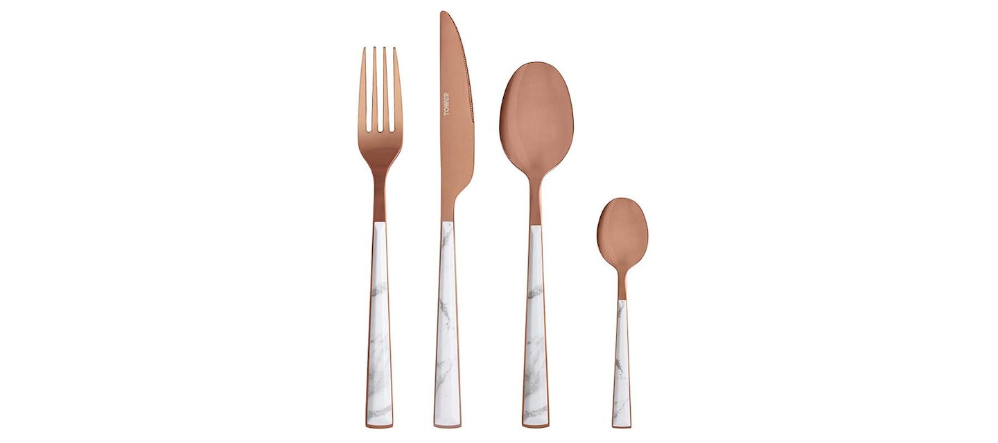 Tower 16 Piece Rose Gold and Marble Cutlery Set