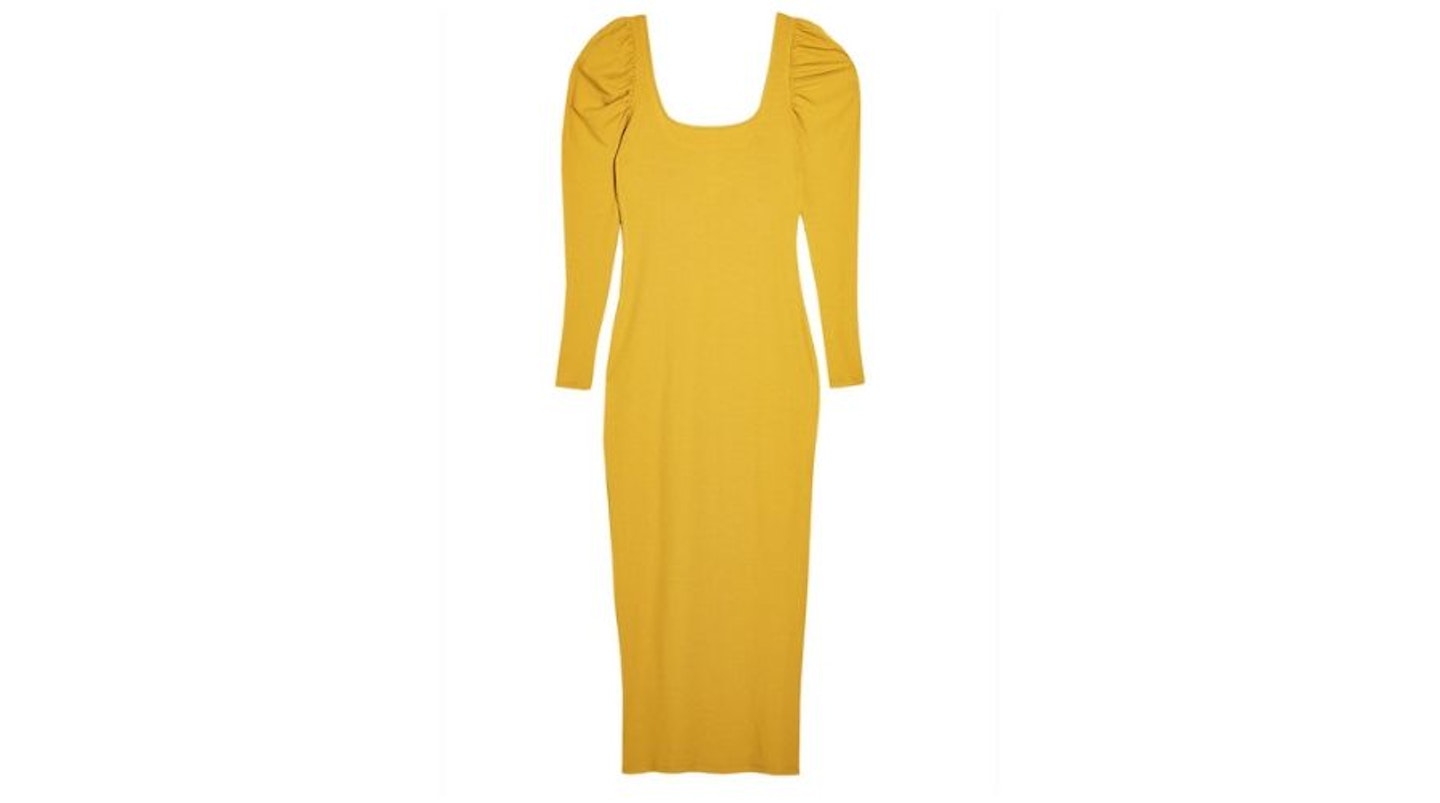 Mustard Ribbed Puff Sleeve Bodycon Dress