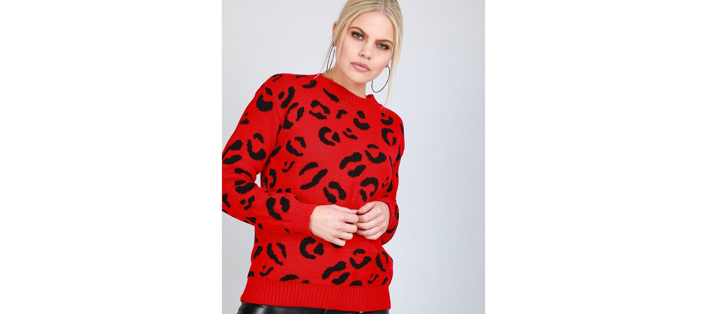 SilkFred Long Sleeve Knitted Jumper In Red Leopard Print, 20