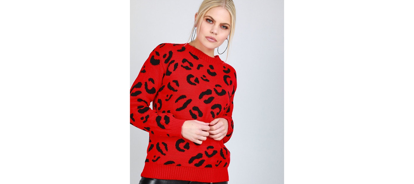 SilkFred Long Sleeve Knitted Jumper In Red Leopard Print, £20