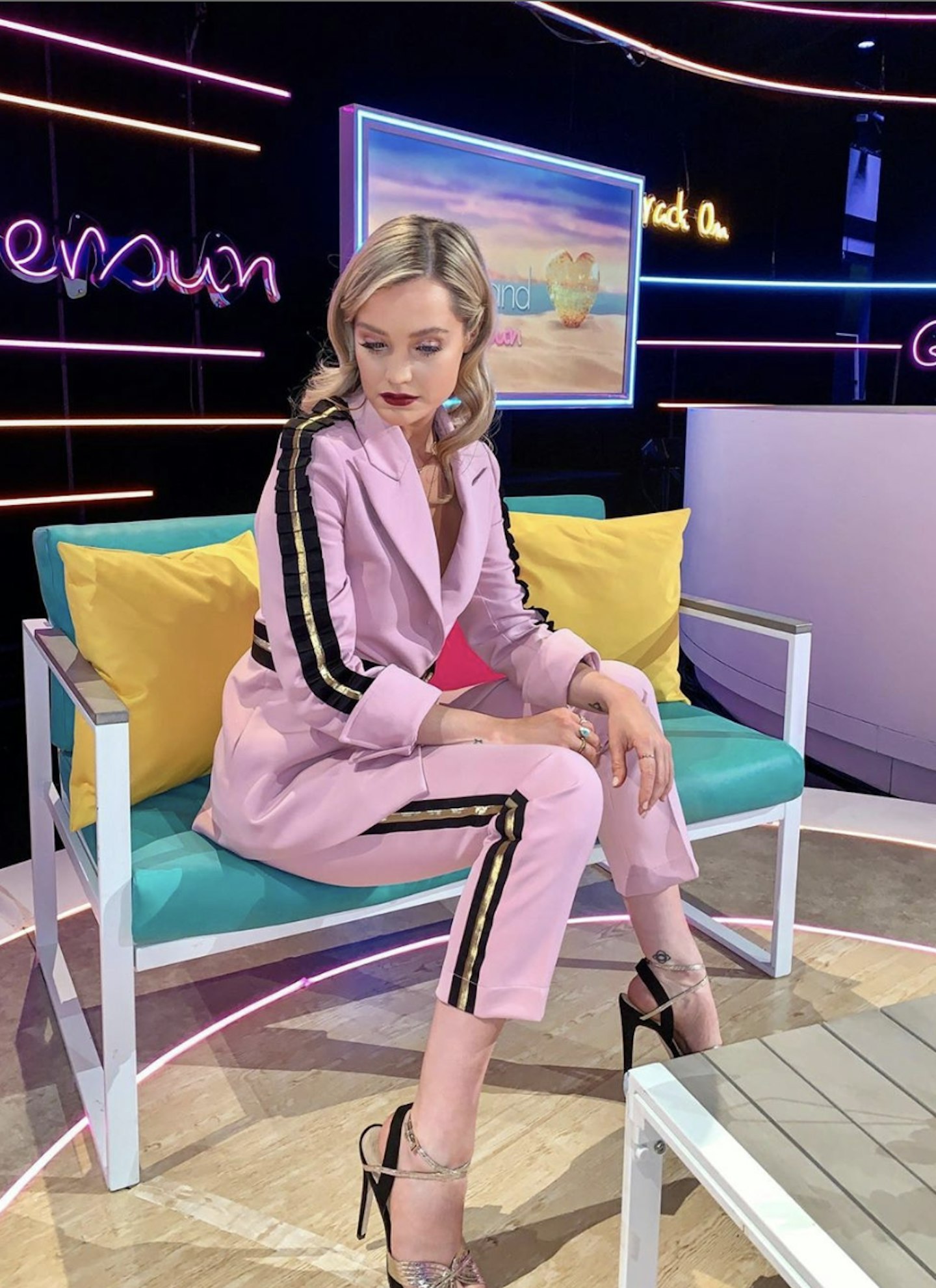 laura whitmore pink suit love island aftersun