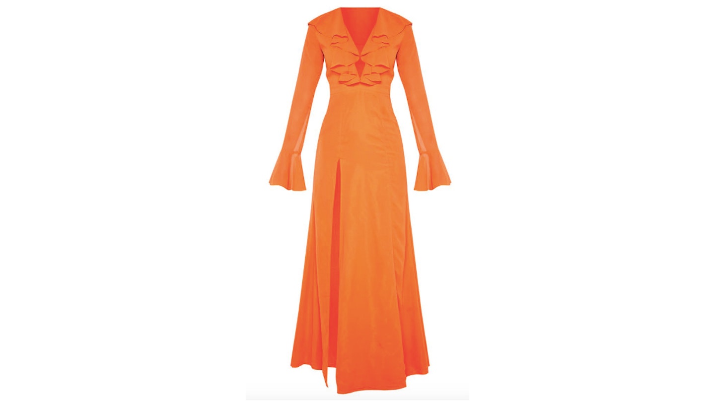 Bright Orange Plunge Frill Maxi Dress