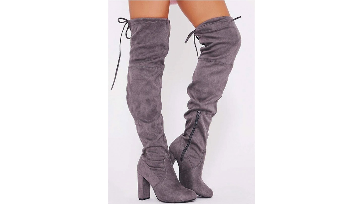 Grey Faux Suede Over The Knee Heeled Boots