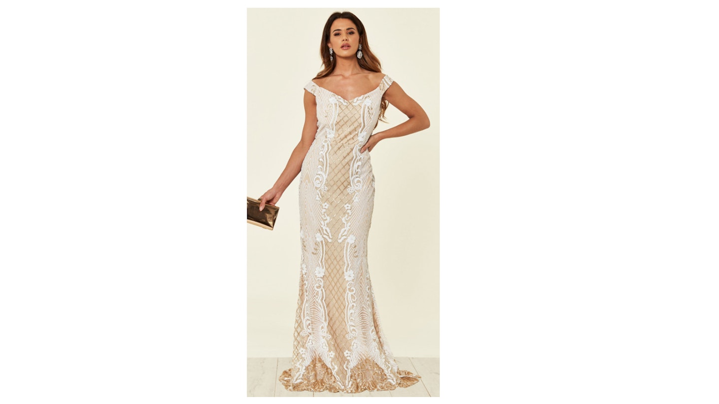 Enchanted Vip White Gold Sequin & Embroidery Bardot Fishtail Mermaid Maxi Dress