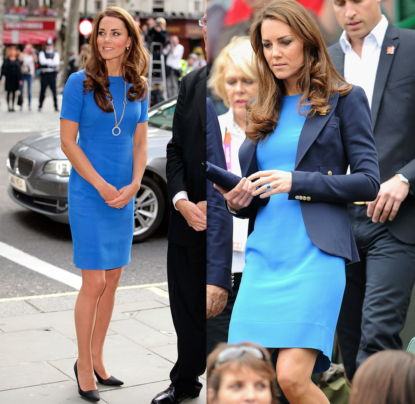 Kate in Royal Blue Stella McCartney & Smythe for Commonwealth Games Day 2,  UPDATED: NEW & CORRECTED Handbag ID – What Kate Wore