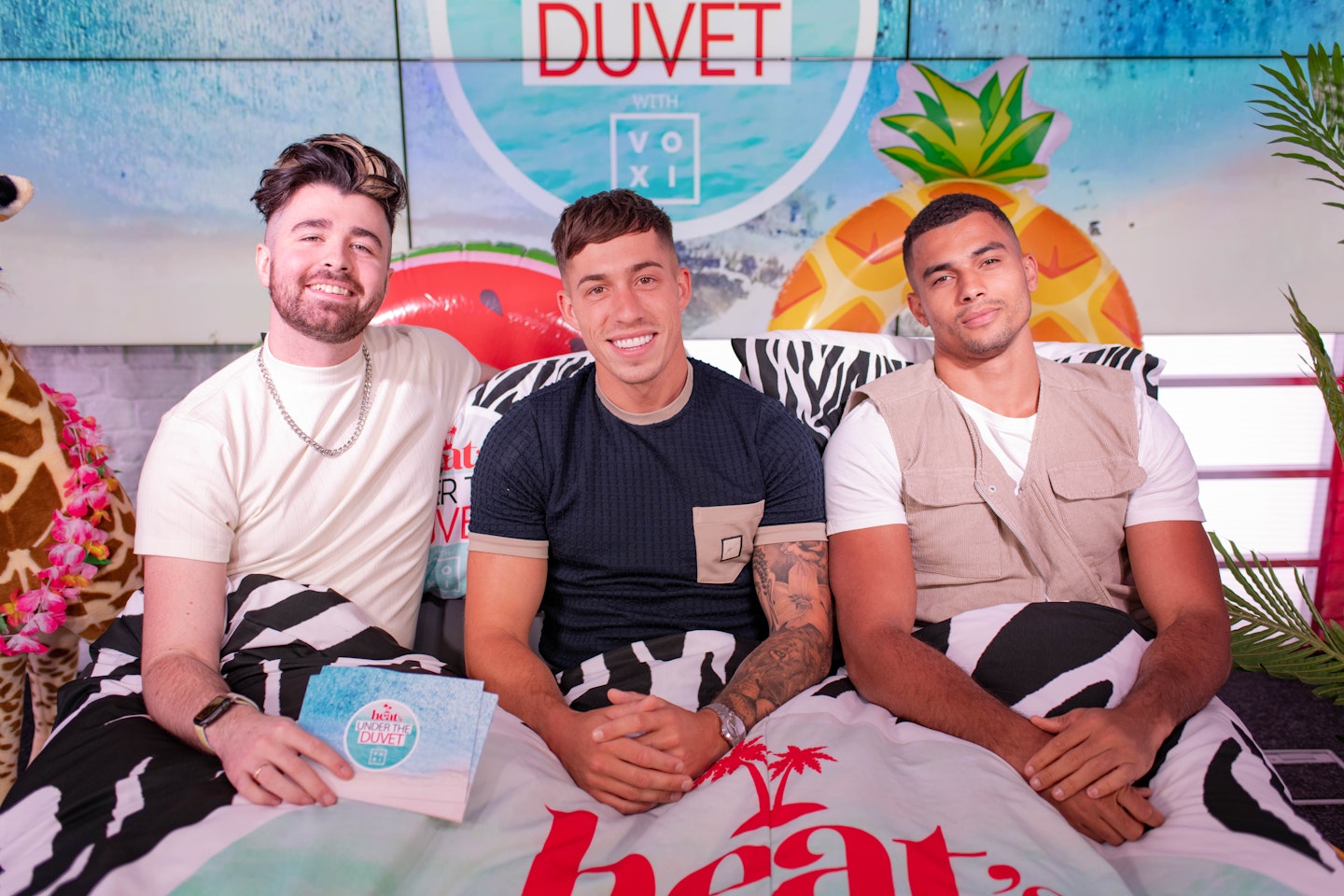 Jordan Lee with Love Island's Connor Durman and Connagh Howard on heat's Under the Duvet with VOXI