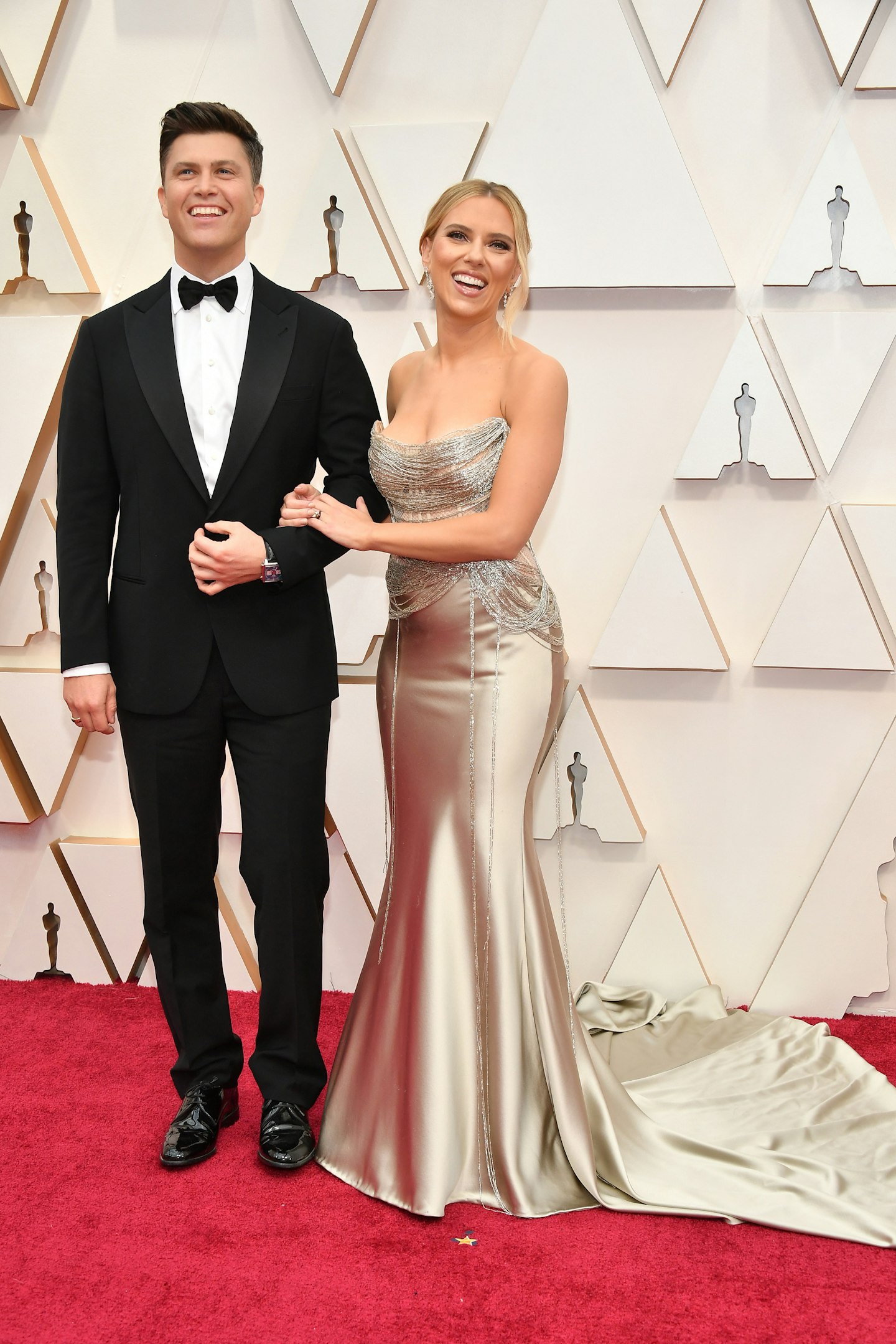 Colin Jost with Scarlett Johansson, who wore custom Oscar de la Renta