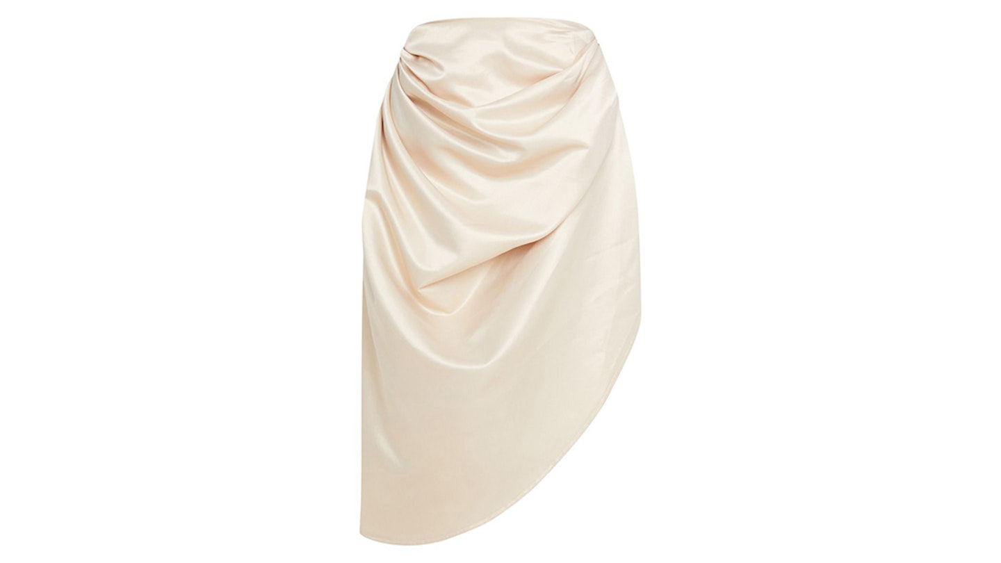 Cream Satin Woven Ruched Side Midi Skirt