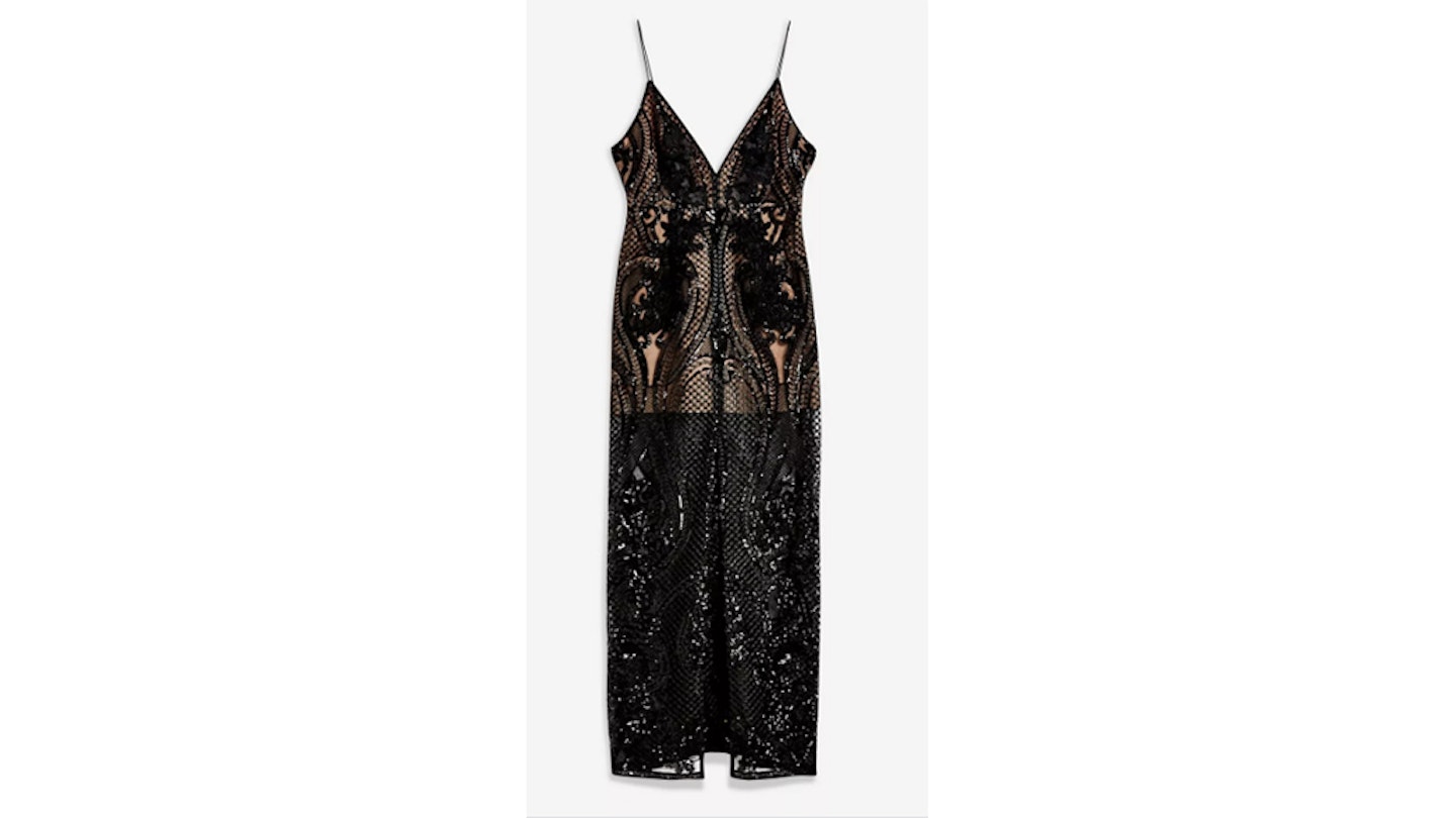 Black Embellished Plunge Sheer Maxi Dress