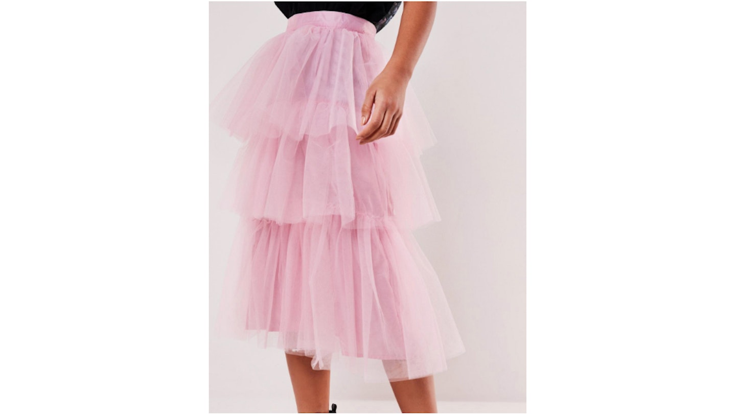 Pink Tulle Tiered Midi Skirt