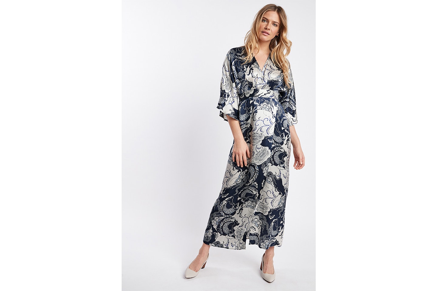 Navy Print Occasion Kimono Dress