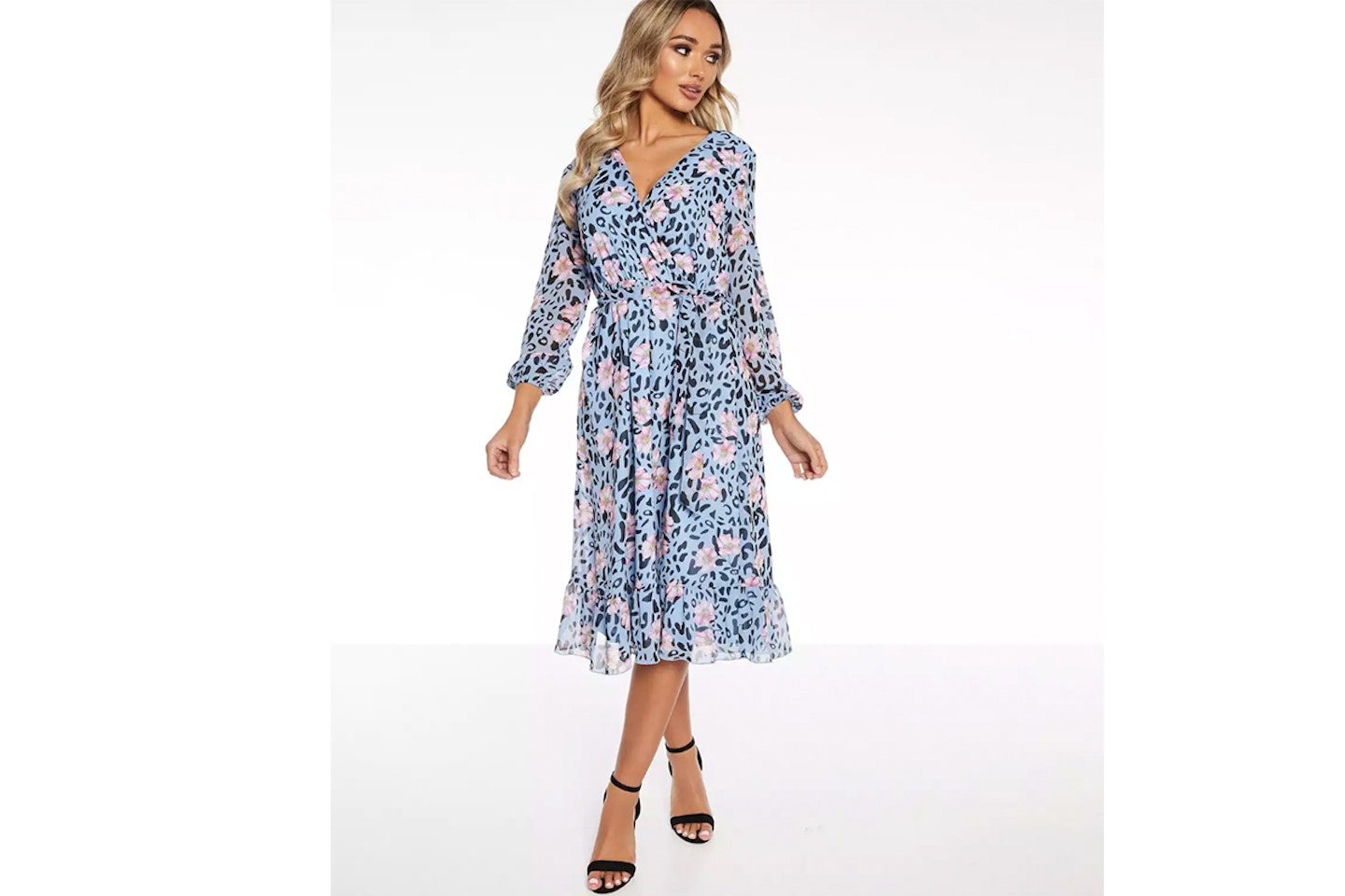 Blue Floral Wrap Midi Dress