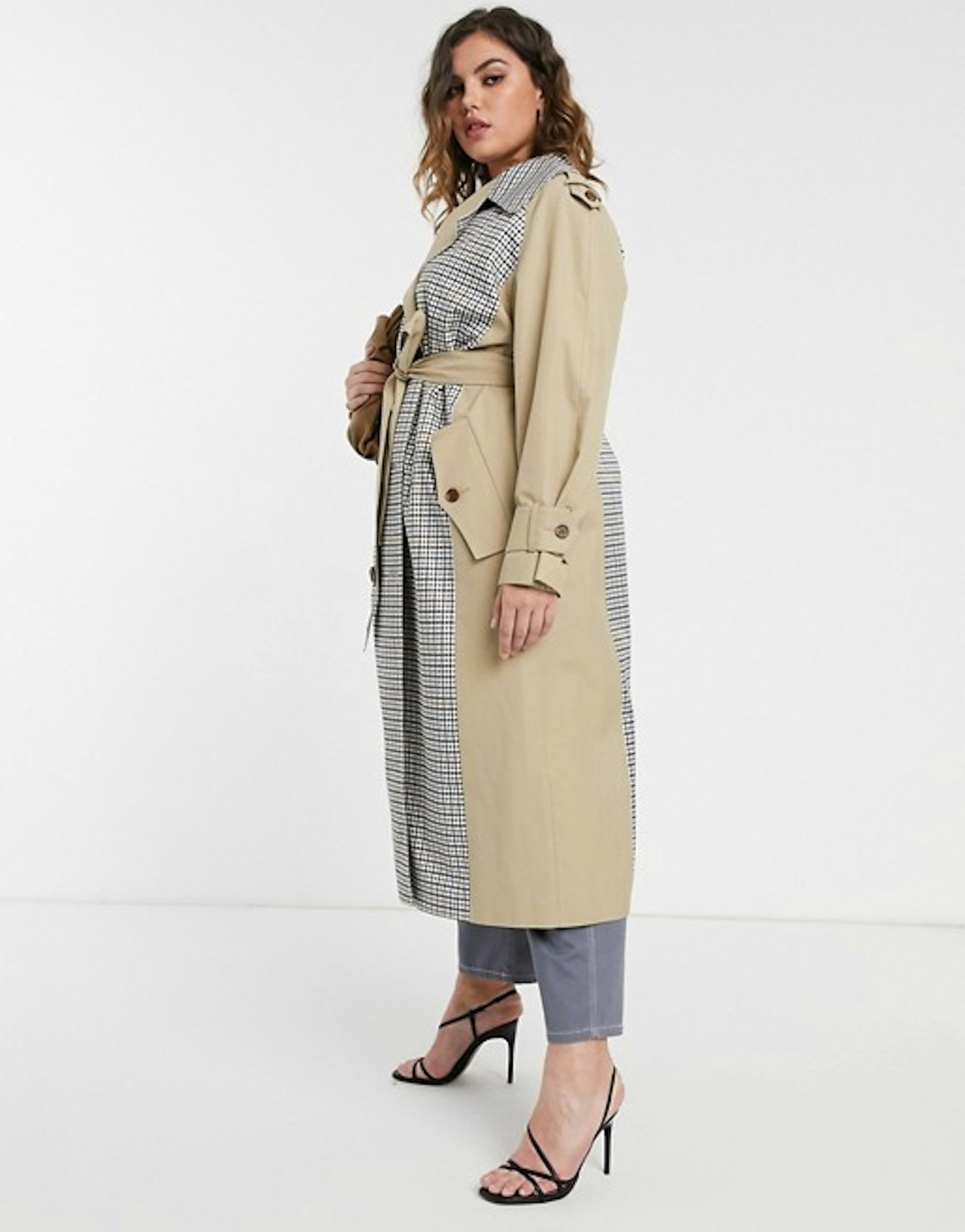 ASOS DESIGN, Curve trench coat with check splicing, £75