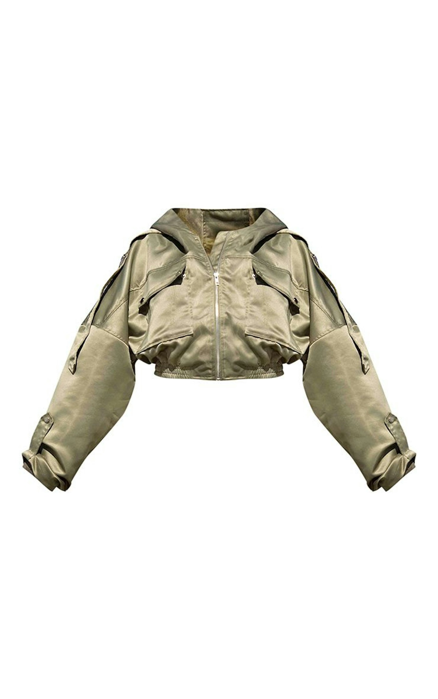 Sage Green Satin Oversized Hooded Pocket Bomber Jacket