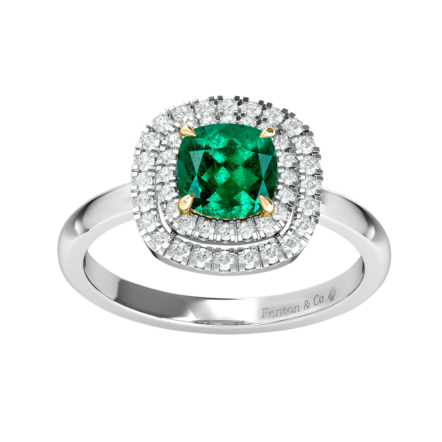 Fenton & Co, Halo Cushion Emerald Platinum, Starts From £2,750