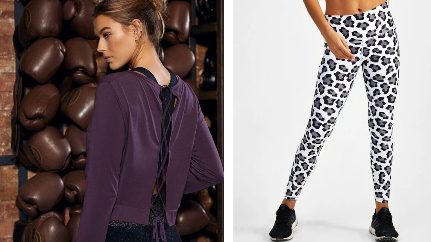 Boux Sport Lace Up Back Top and GYMVERSUS Snow Leopard Leggings