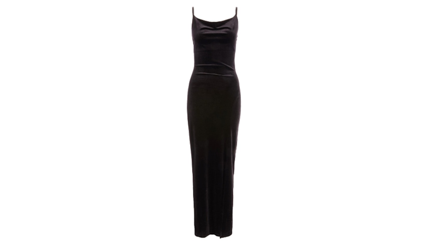 Sam Faiers Black Velvet Cowl Neck Split Maxi Dress