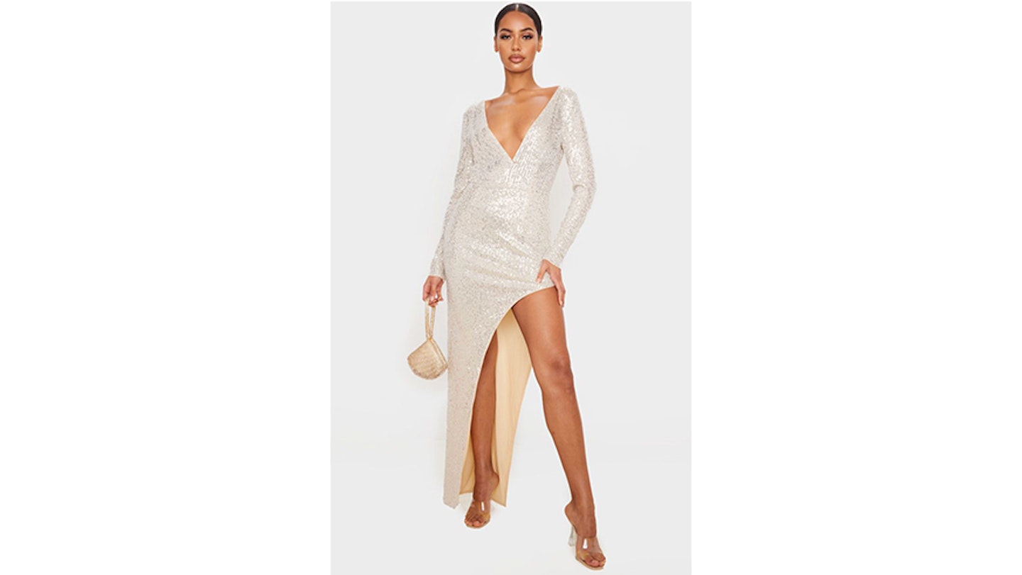 Silver Sequin Long Sleeve Plunge Maxi Dress