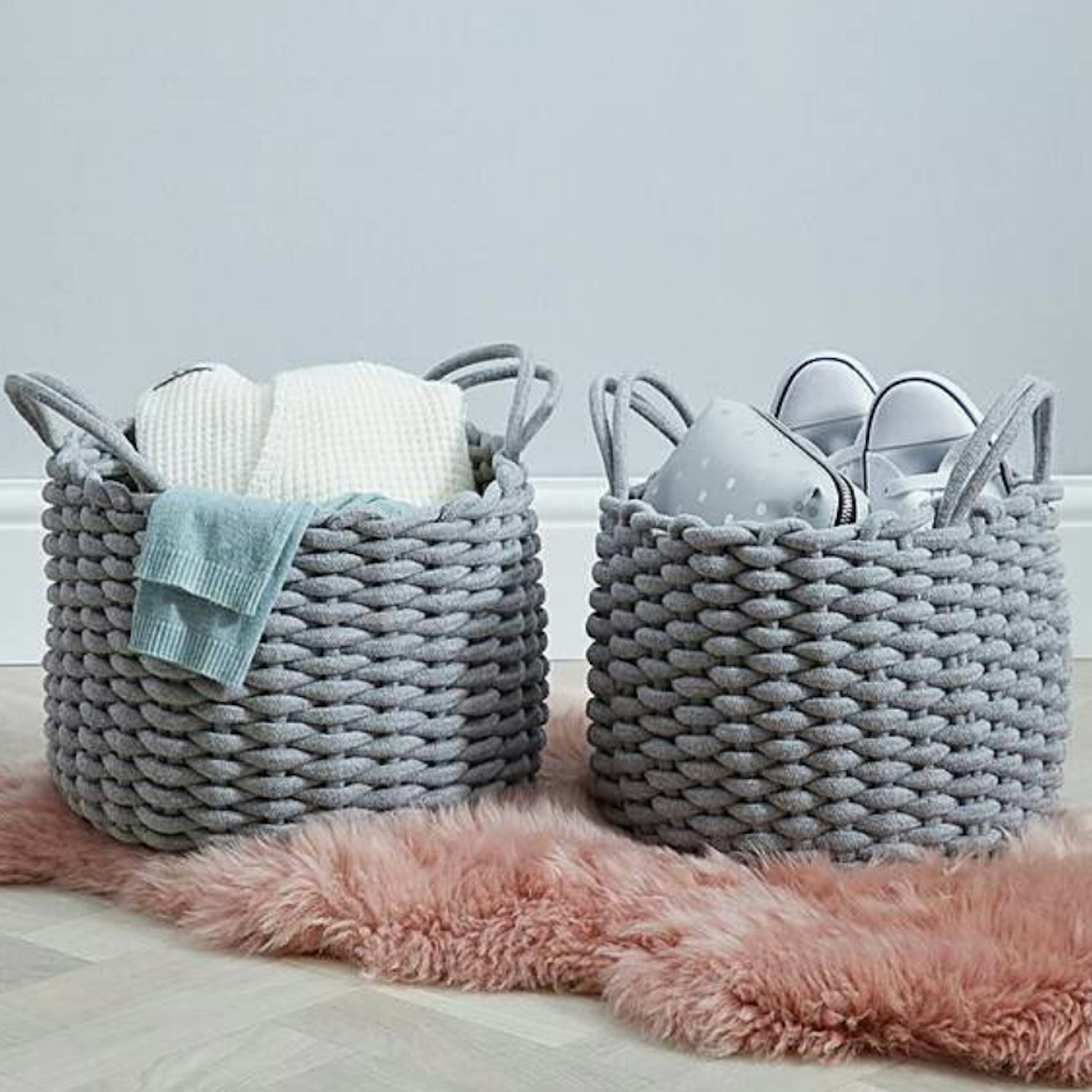Set of 2 Round Knitted Grey Storage Baskets