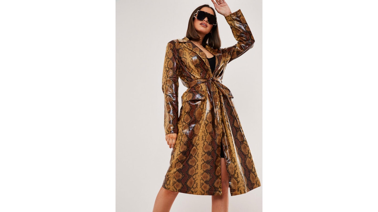 Tan Faux Leather Snake Print Trench Coat