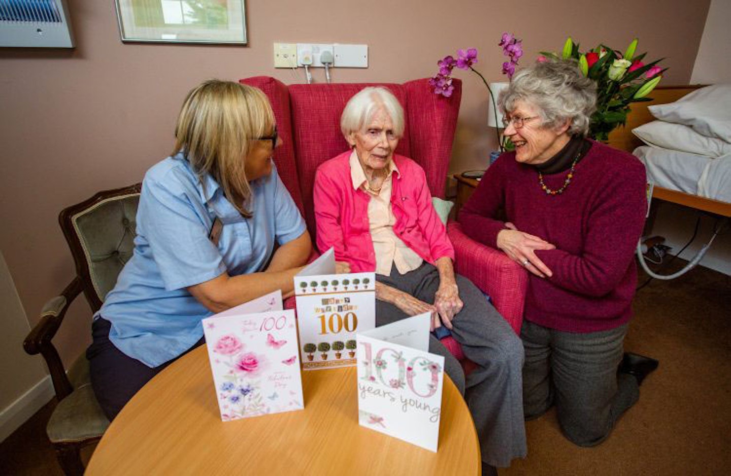From left, Activity Coordinator Mandy King, Hilary Don-Fox and her daughter Harriet Atwood, at The Mellowes care home in Gillingham, Dorset