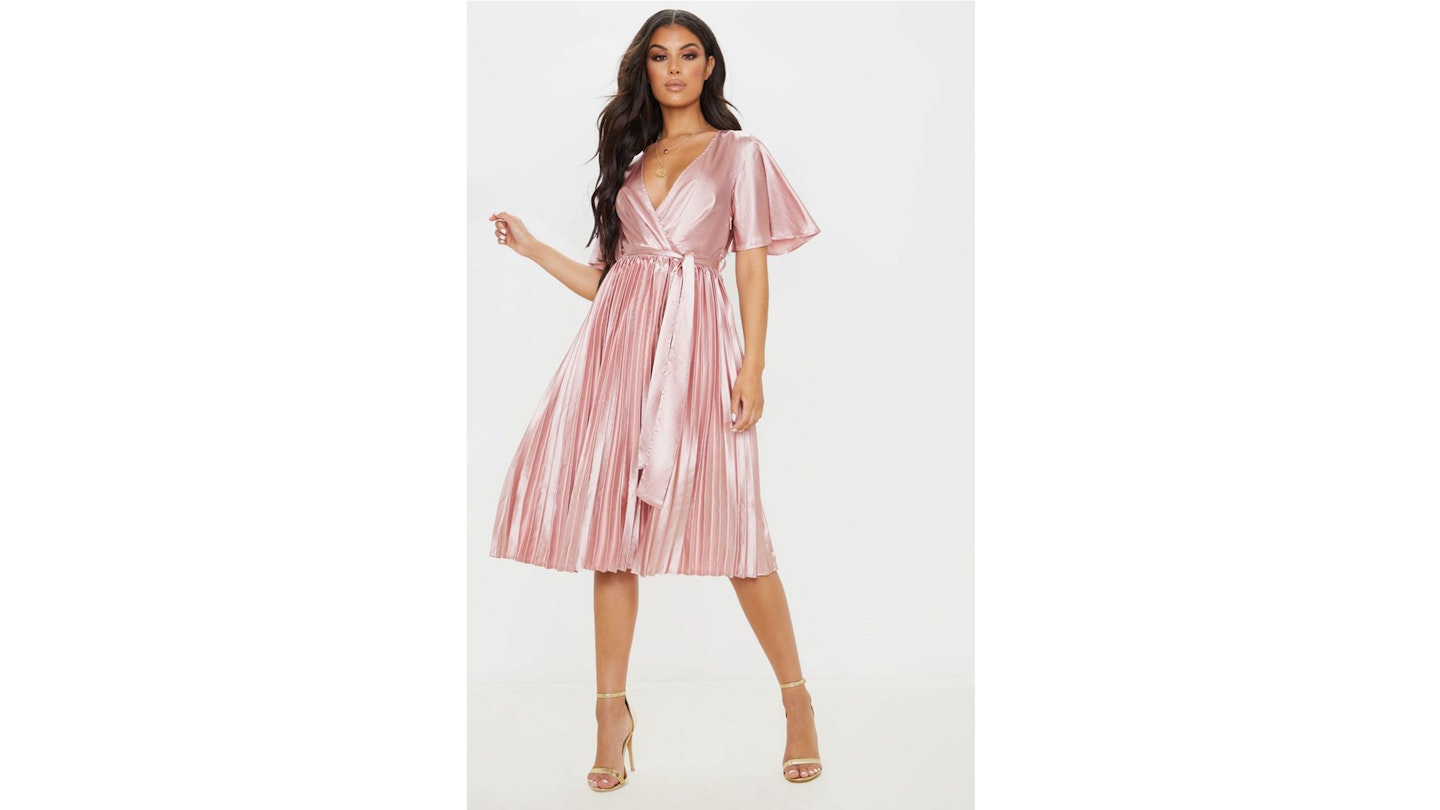 Mairee Dusty Pink Satin Pleated Midi Dress