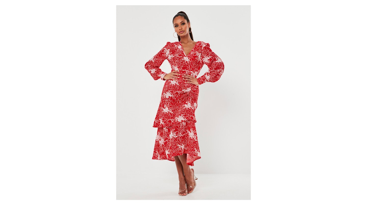 Red Floral Ruched Side Tiered Midi Dress