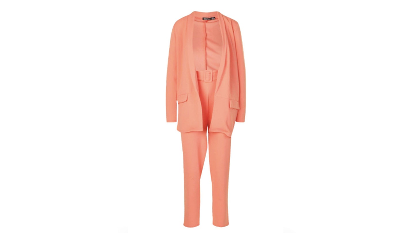 Tailored Blazer & Self Fabric Belt Trouser Suit Set