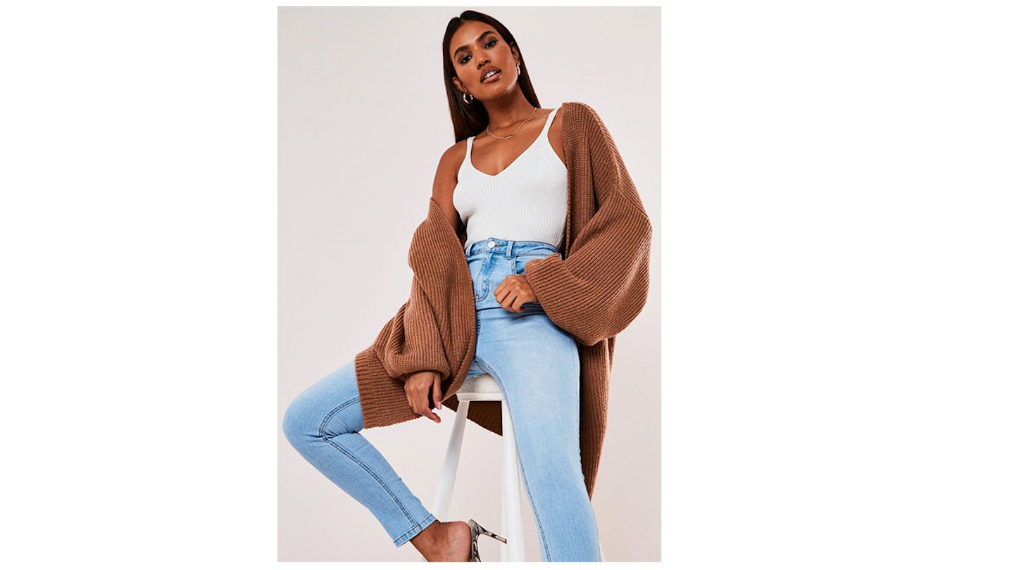 Brown Ribbed Balloon Sleeve Oversized Longline Cardigan