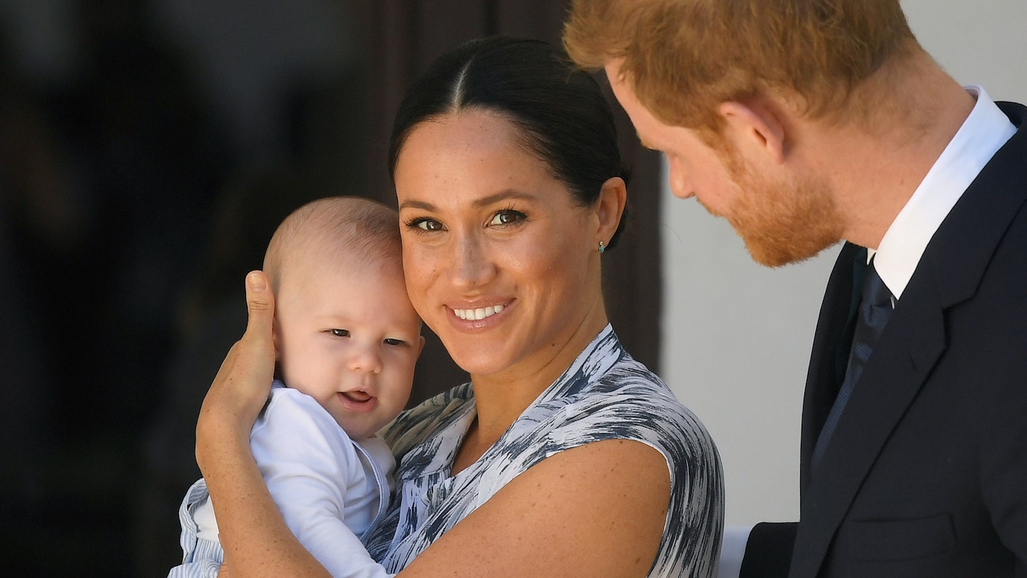 rince Harry, Duke of Sussex and Meghan, Duchess of Sussex and their baby son Archie Mountbatten-Windsor at a meeting with Archbishop Desmond Tutu at the Desmond & Leah Tutu Legacy Foundation during their royal tour of South Africa on September 25, 2019 in Cape Town, South Africa.