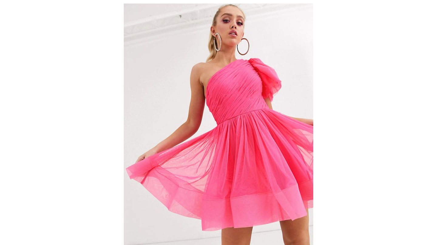 Lace & Beads Puff Ball Sleeve Mini Prom Dress In Neon Pink