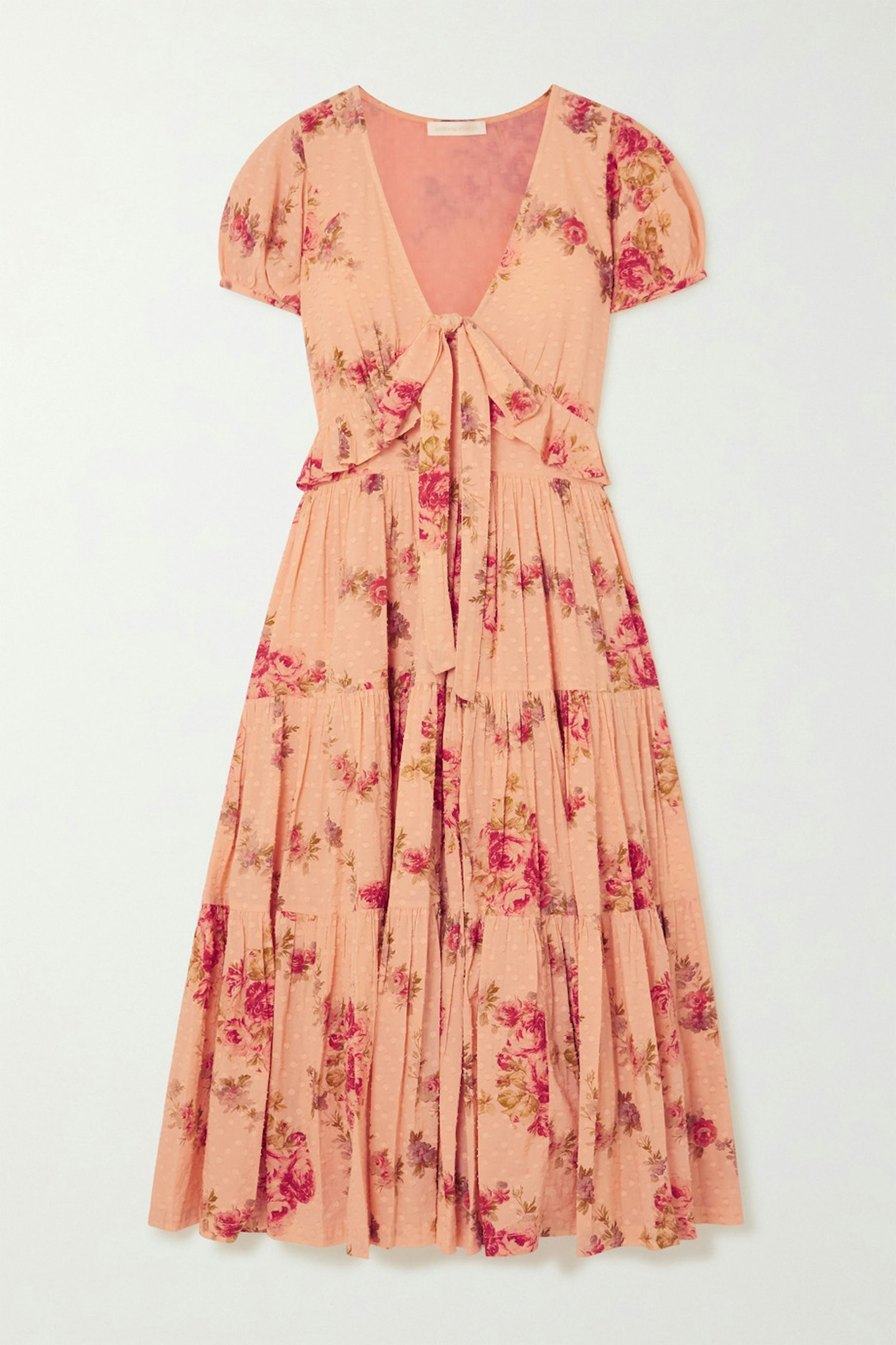 LoveShackFancy, Carlton tiered floral-print Swiss-dot cotton midi dress, £376.19