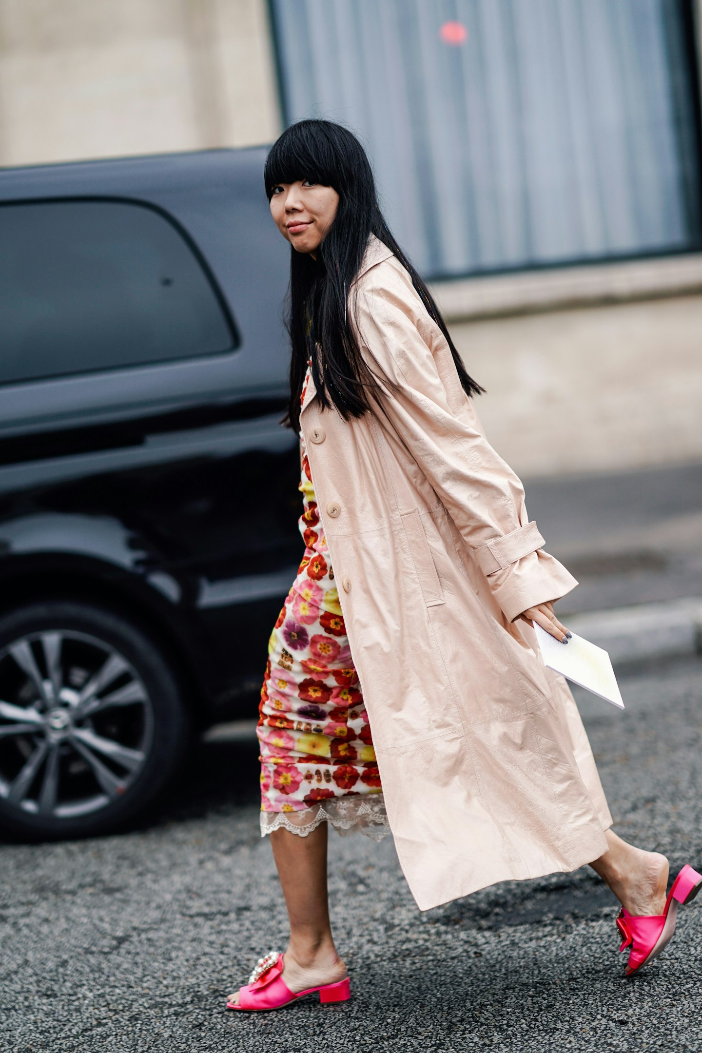Street Style floral dress and trench