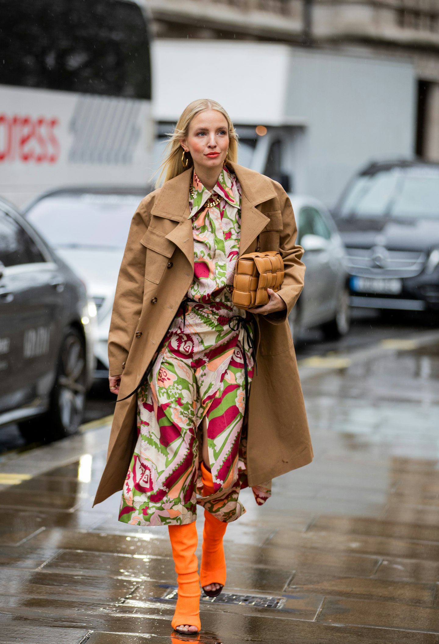 Street style floral midi dress and trench