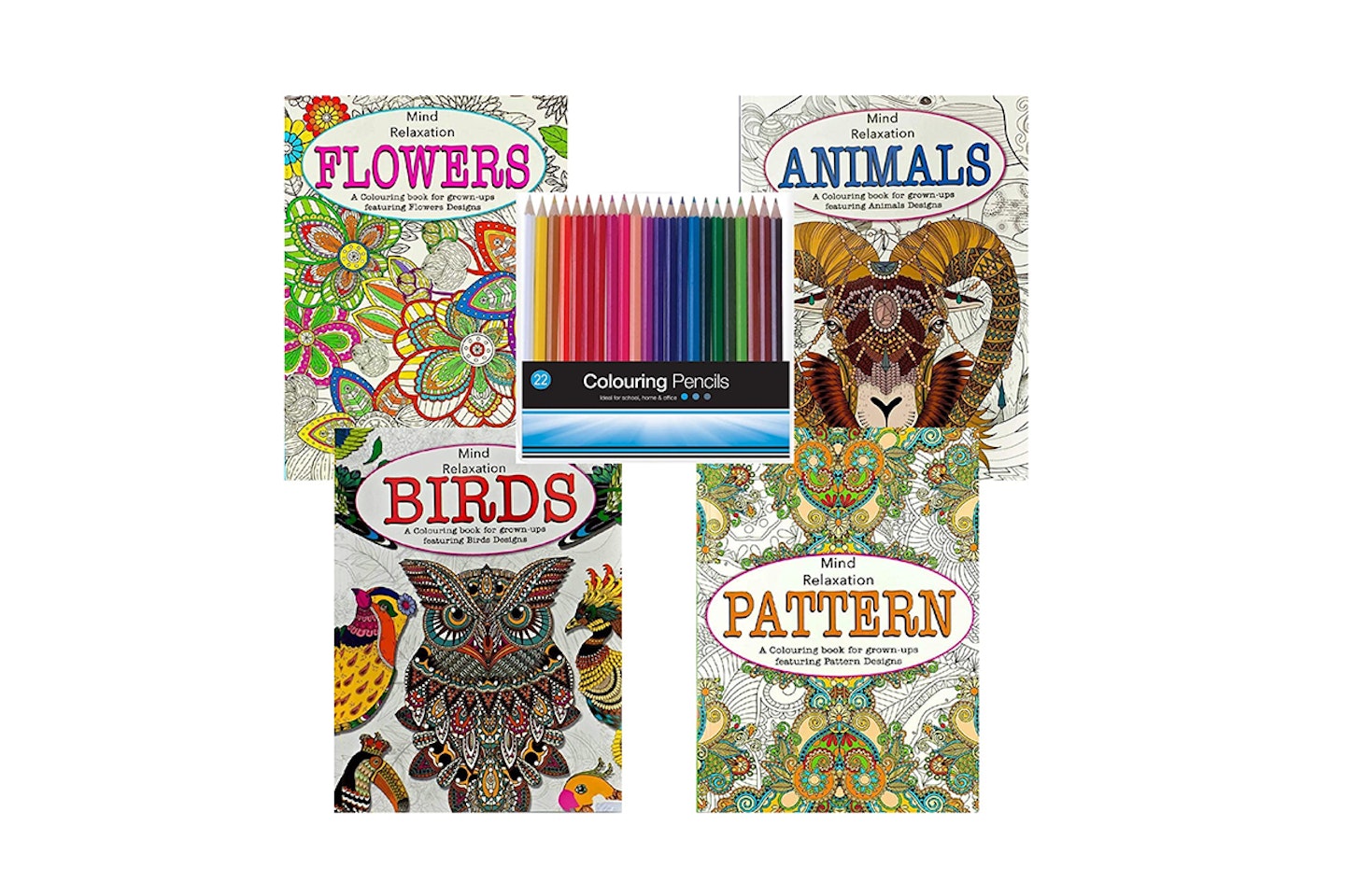 Set of 4 Anti-Stress Colouring Books with 22 Pack Colouring Pencils
