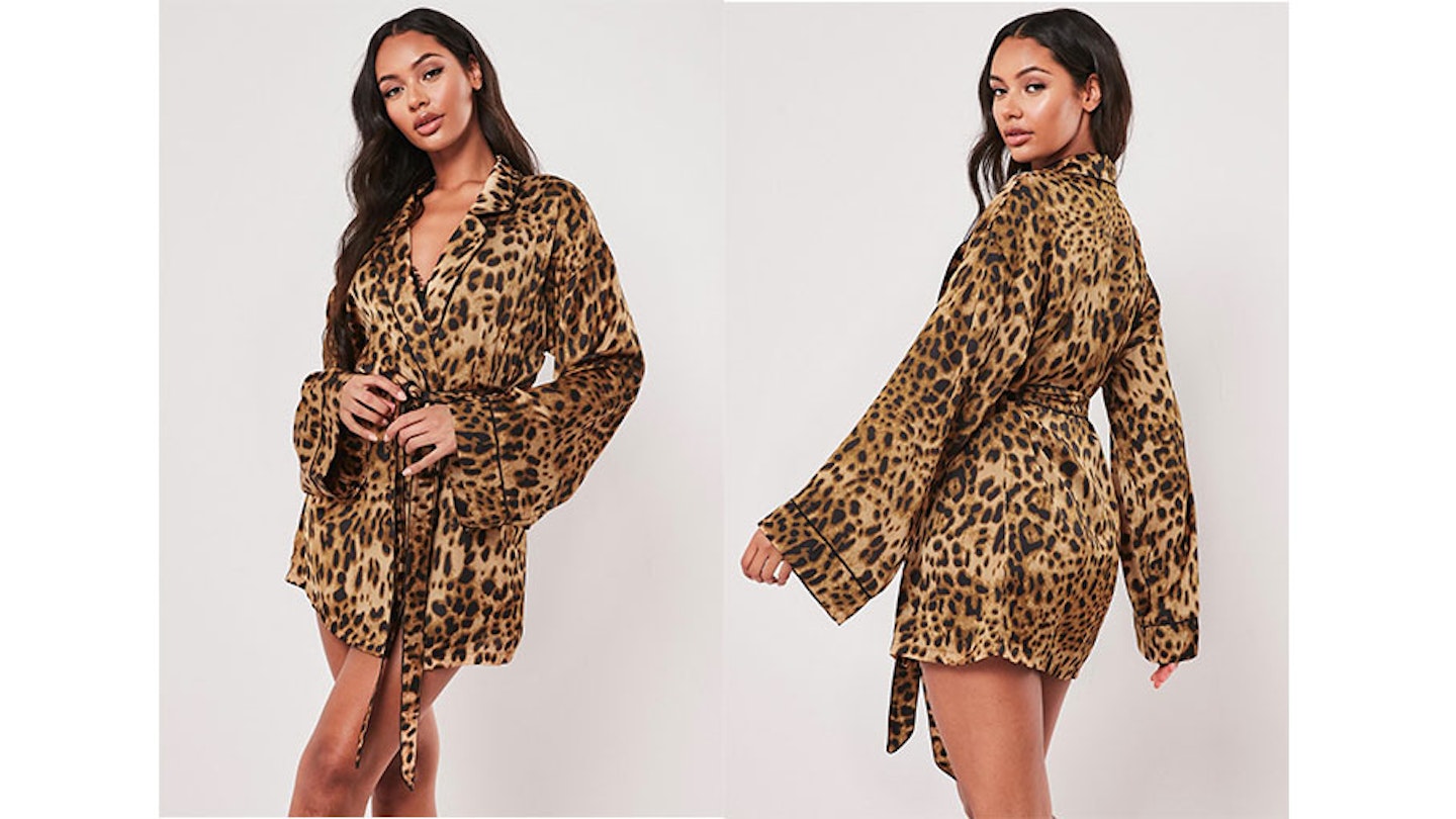 Brown Leopard Print Satin Dressing Gown