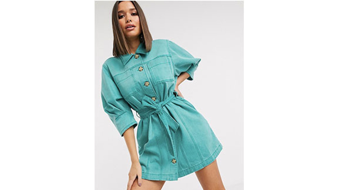 Denim Shirt Dress With Puff Sleeve in Washed Turquoise
