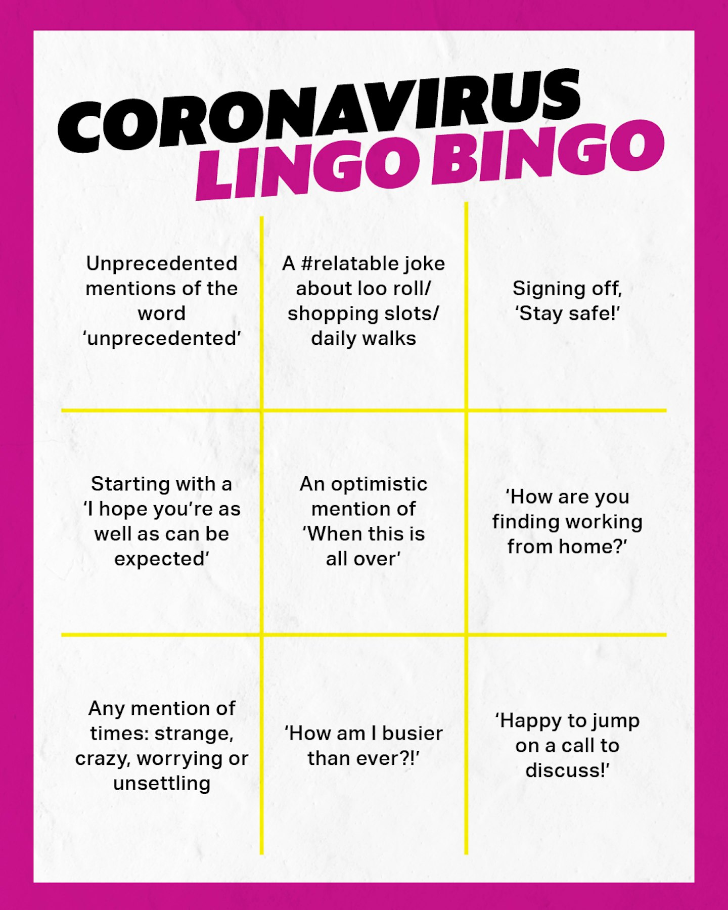 Coronavirus lingo bingo