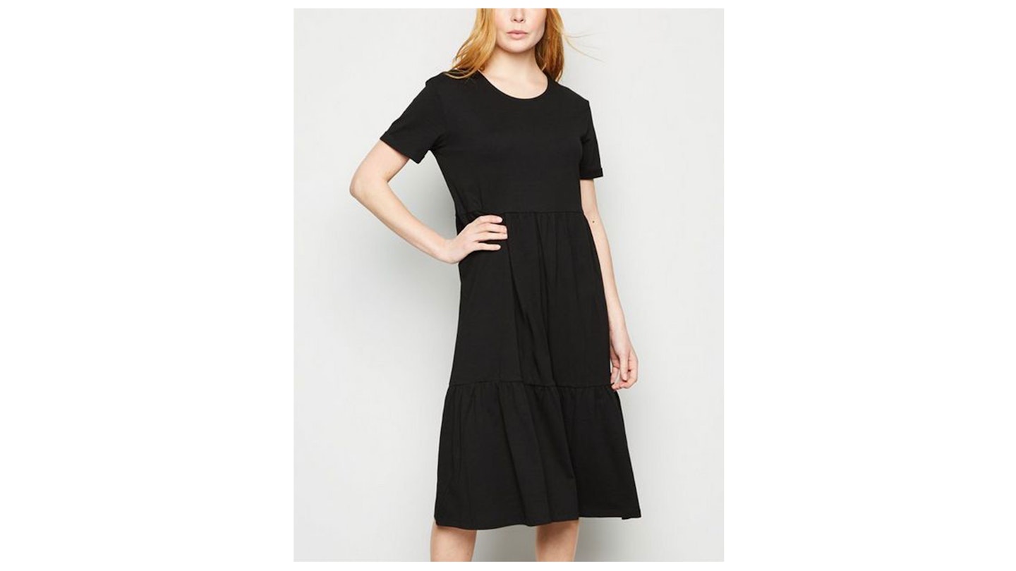 Black Short Sleeve Smock Midi Dress
