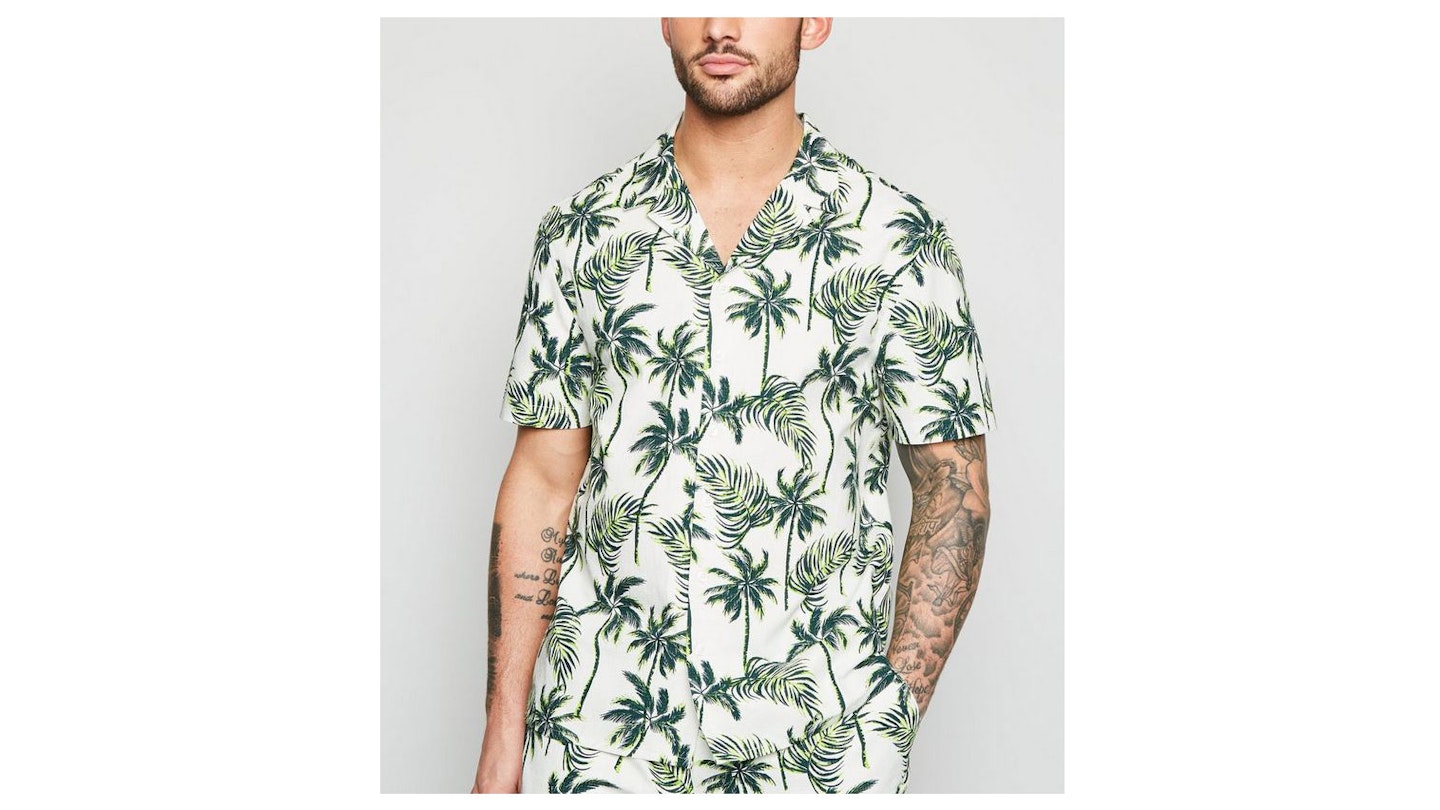 White Tropical Palm Short Sleeve Shirt