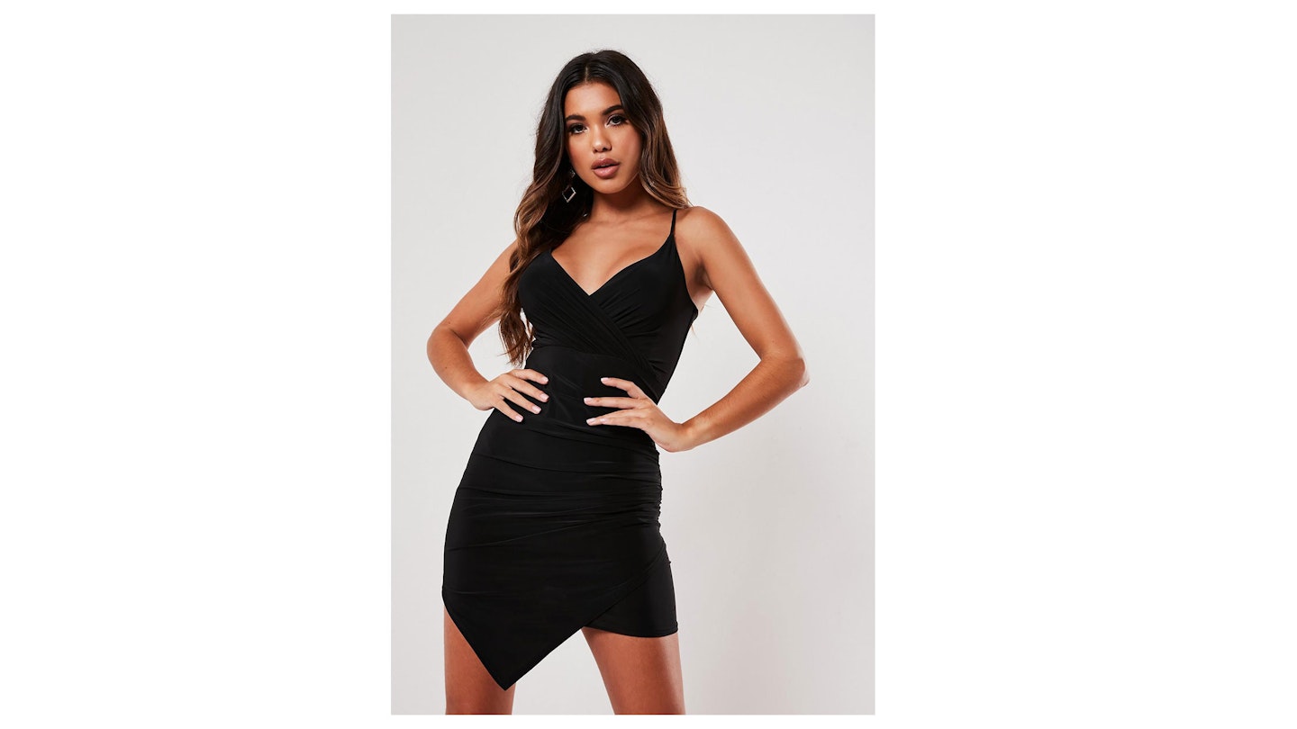 Black Slinky Strappy Wrap Cami Mini Dress