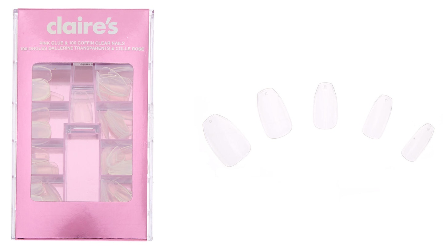 Glue On Coffin Faux Nail Set - Clear, 100 Pack