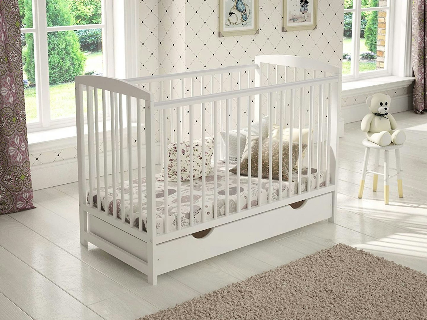 White Wooden Baby Cot with Drawer