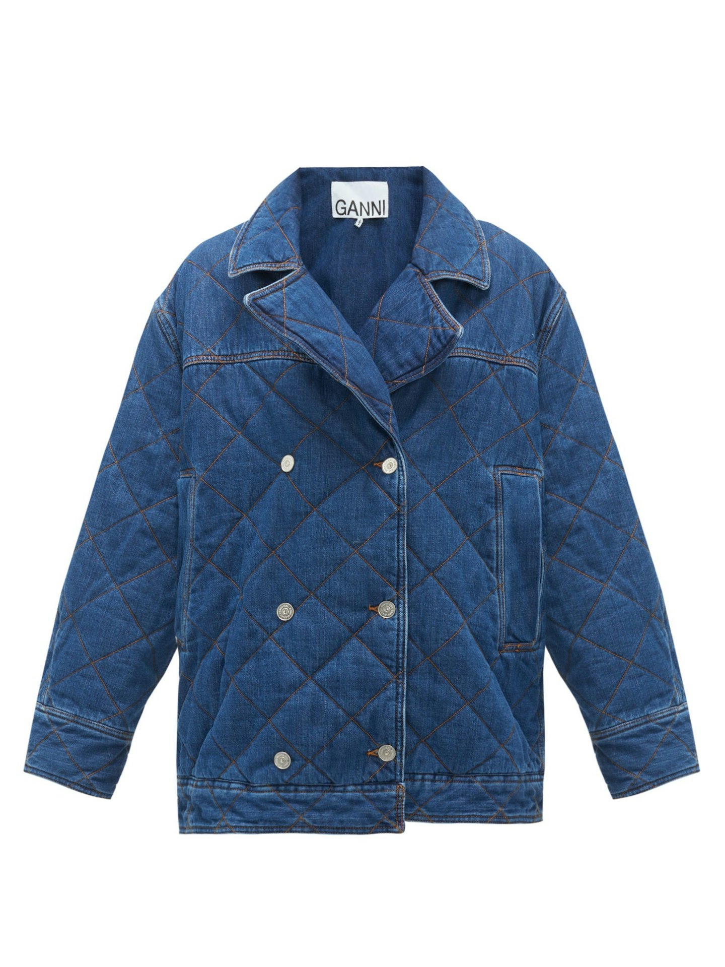 Ganni, Quilted Double-breasted Denim Jacket, WAS £375, NOW £187